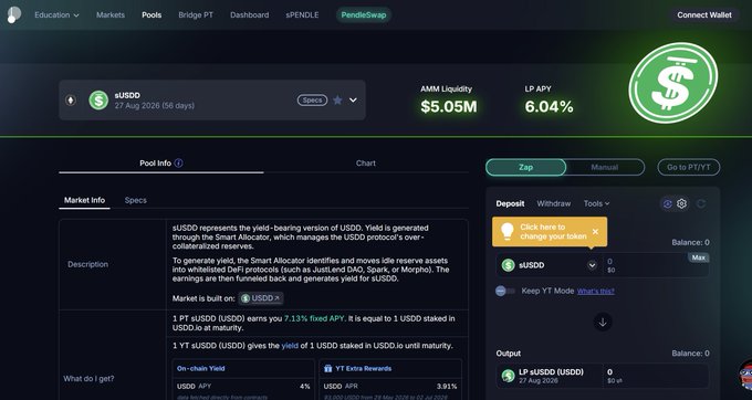 Screenshot of the PendleSwap DeFi interface showing a sUSDO market with $5.05M AMM Liquidity, 6.04% LP APY, and a deposit/withdraw panel.