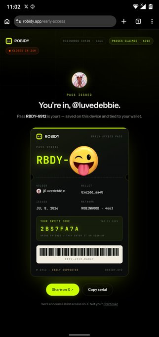 A Robidy Early Access Pass digital receipt on mobile web, showing pass 'RBDY-6912' issued to @luvedebbie, with holder wallet 0xe20d...aa40 and author address ROB1NI000-4663.