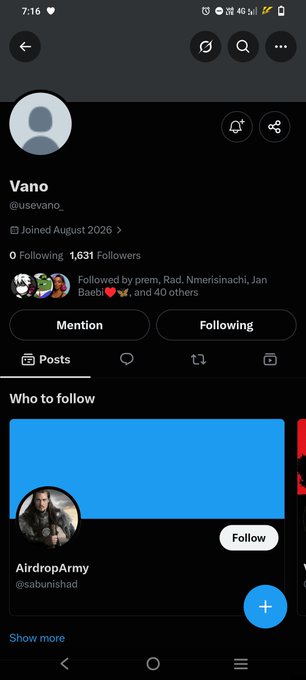 A social media profile for 'Vano' (@usevano_) showing 1,631 followers, followed by a 'Who to follow' suggestion for AirdropArmy.