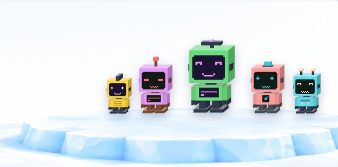 Five colorful, cube-shaped pixel-art robot characters (yellow, pink, green, orange, and blue) with smiling digital faces stand in a row on an icy platform against a white background.