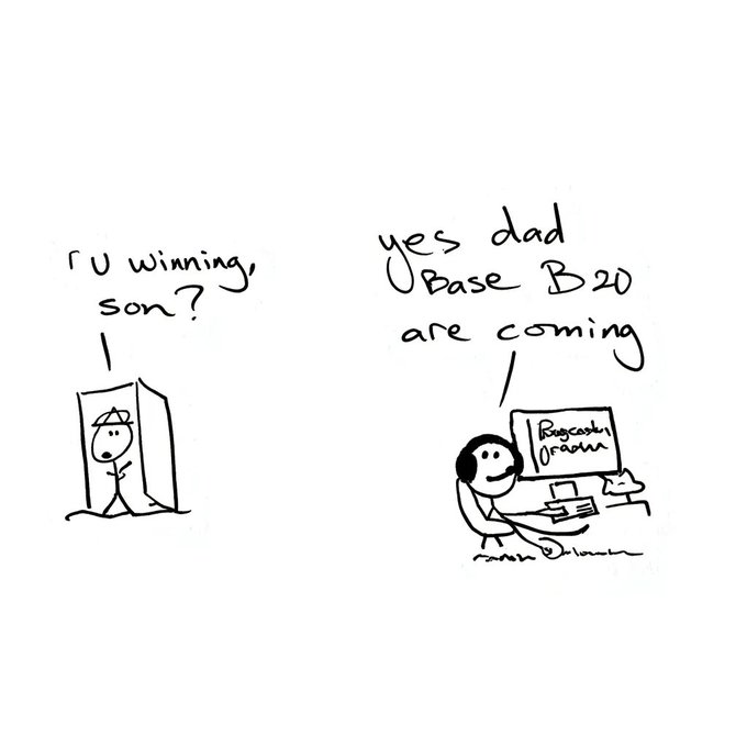 The image features a cartoon drawing of two men, one sitting at a desk with a computer while the other man stands behind him. The cartoon caption reads "RU winning, son? Yes's dad B20 are coming". This humorous cartoon caption suggests that the father is trying to win against his son in a game or competition involving the use of a computer and the number 20.