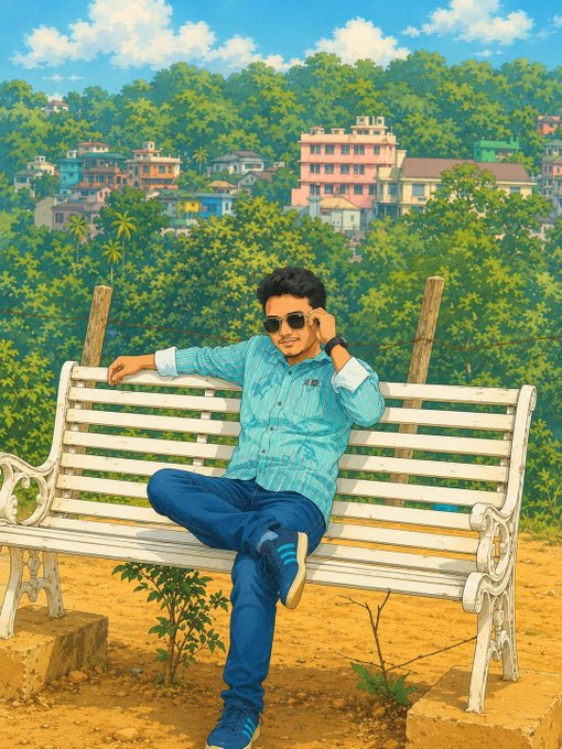 An illustrated anime-style portrait shows a young man wearing sunglasses, a light blue checkered shirt, and jeans, sitting casually on a white wooden bench with green hills and buildings in the background.