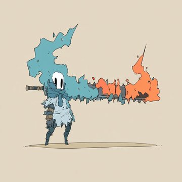 A digital sketch shows a hooded, ghostly figure wearing a white mask and blue scarf, wielding a massive sword wreathed in blue and orange flames.