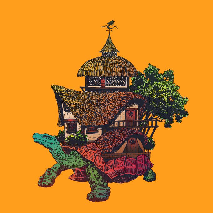 An illustration on an orange background depicting a multi-level house with thatched roofs sitting on the back of a large green and red turtle, with a tree on the side and a weather vane on top.