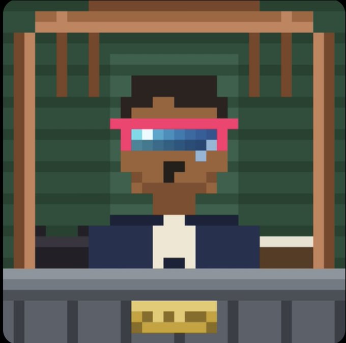 A pixel art image showing a character wearing pink and blue sunglasses, a blue jacket, and a white shirt, standing behind what appears to be a booth or counter with a gold plaque.