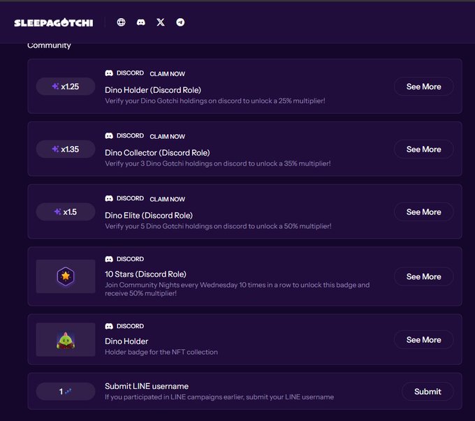 A close-up of the Sleepagotchi Community page displaying Discord role claim options for Dino Holder (x1.25), Dino Collector (x1.35), and Dino Elite (x1.5) multipliers, along with a 10 Stars badge and a Dino Holder NFT badge.