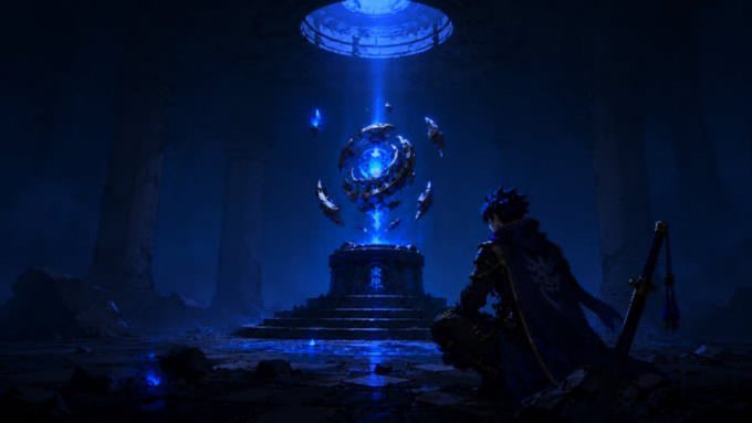 A character in dark armor kneels before a glowing blue, fragmented orb floating above an ancient stone pedestal, surrounded by towering ruins. The mystical, game-like artwork evokes the epic fantasy aesthetic, fitting as a prize for the giveaway of 5 x GTD prizes by @symphie_323 and @Arcionsnft.