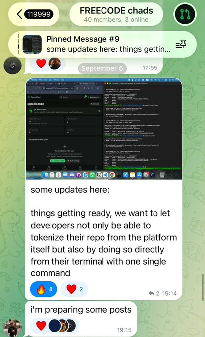 A Telegram chat screenshot from the "FREECODE chads" group (40 members, 3 online) showing a pinned message with platform updates, including an announcement that developers will soon be able to tokenize their repos directly from the terminal with one single command, aligning with the post's highlights about Freecode's programmable money infrastructure and one-command terminal launcher.