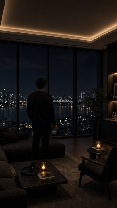 A man stands in a dark, luxurious apartment looking out a large window at a nighttime city skyline across the water.