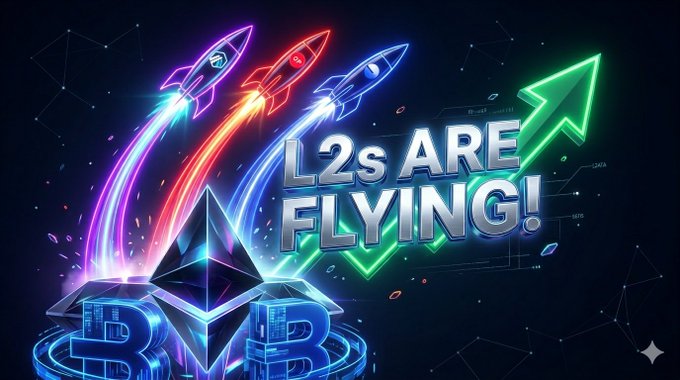 The image features a graphic design with colorful illustrations of rockets flying, accompanied by text about Ethereum Layer 2s are Ralllying. It appears to be a promotional material for a cryptocurrency or blockchain-related event or product.