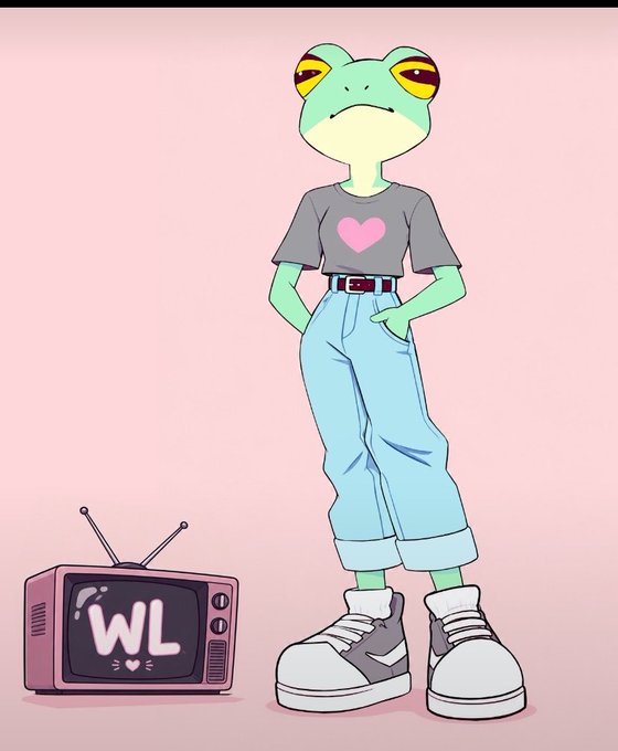 An illustrated cartoon of a tall green frog character wearing a gray heart t-shirt, light blue cuffed jeans, and sneakers, standing next to a pink TV displaying 'WL' with heart eyes on a pink background.