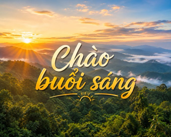 A scenic sunrise over misty green mountains features the Vietnamese text "Chào buổi sáng" (Good morning) in stylized script.