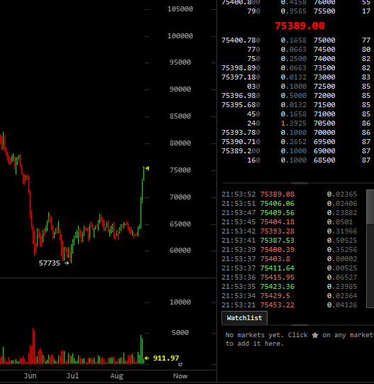 A financial chart on bitcoinwisdom showing Bitcoin's price climbing sharply from around 57735 in late June/early July to 75389.08, with a sharp vertical spike visible in August. The price feed on the right displays recent timestamps with BTC trading around $75,389-$75,423, illustrating the dramatic recovery ("unJune-ing") after a deep dip.