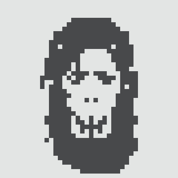 A black-and-white pixel art skull wearing a hood.