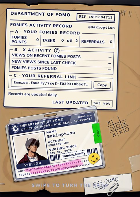A creative graphic styled like official documents, displaying a "DEPARTMENT OF FOMO" ID card and an activity record for user "Bakioption" with a referral link "fomies.family/?ref=f039310bcc7..." and a tic-tac-toe game drawn on the side.