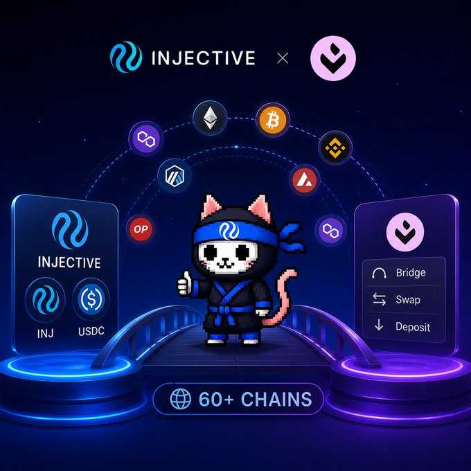 An Injective collaboration graphic featuring a pixel-art ninja cat character standing on a bridge between the INJECTIVE logo and a partner logo, showcasing '60+ CHAINS' support with various cryptocurrency symbols.