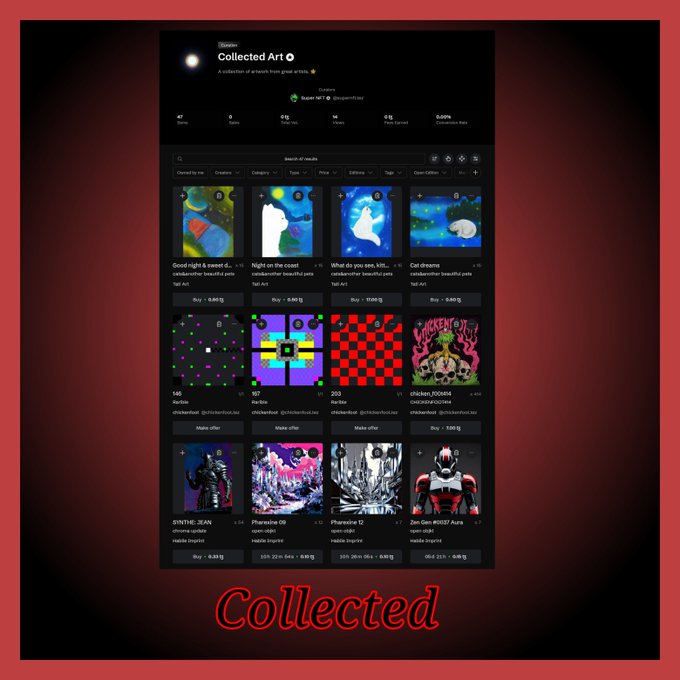 A screenshot of a digital NFT collection page titled 'Collected Art' displaying various artworks in a grid layout, with the word 'Collected' in large red letters overlaid at the bottom.