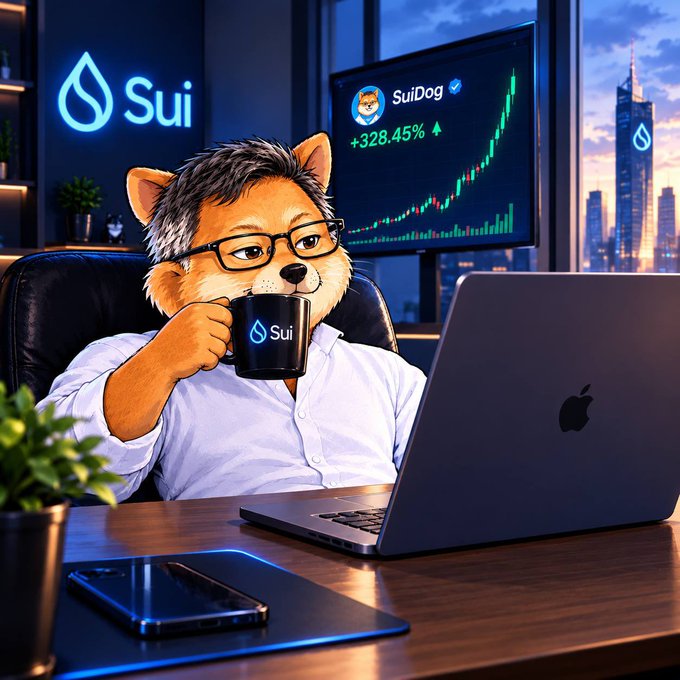 An AI-generated image of a Shiba Inu dog wearing glasses and a white shirt, sitting at a desk with an Apple laptop and a 'Sui' branded mug, looking at a monitor displaying 'SuiDog +328.45%'.