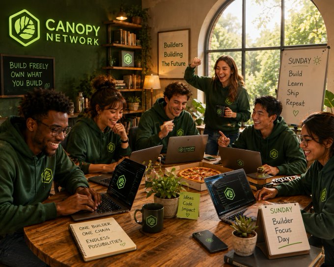 A promotional image for 'CANOPY NETWORK' showing a diverse group of people in green hoodies working together on laptops, with a whiteboard reading 'Builders Building The Future' and signs noting 'SUNDAY Build Learn Ship Repeat'.