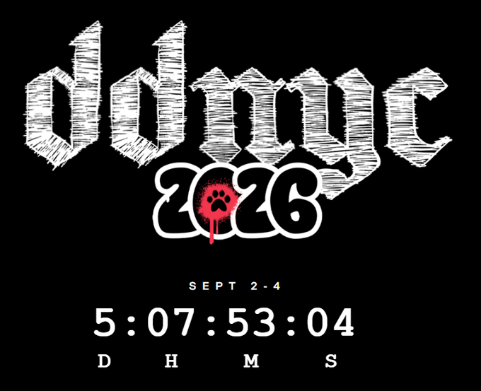 A black graphic displays a countdown timer for 'odogue 2026' from Sept 2-4, currently showing 5:07:53:04 remaining, with a red paw print graphic.