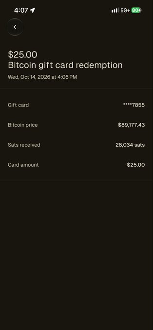A screenshot of a Bitcoin gift card redemption showing $25.00, 28,034 sats received, with a Bitcoin price of $89,177.43.