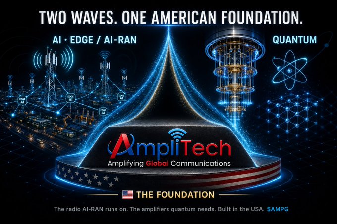 The image features a poster for an event called "Two waves. One American foundation." The poster includes a blue background with various technological elements such as antennas, cell phones, and a satellite dish. The text on the poster highlights the importance of AI in shaping the future, particularly in the context of global communications. It also mentions that the event is sponsored by the Foundation for AI Research at the University of Southern California ( USC AI Lab).