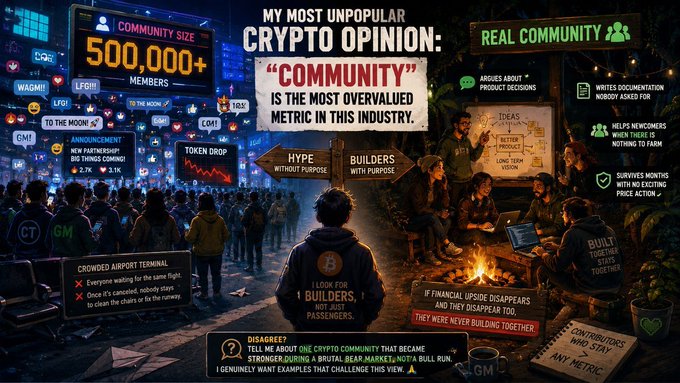 An infographic declaring 'MY MOST UNPOPULAR CRYPTO OPINION: "COMMUNITY" IS THE MOST OVERVALUED METRIC IN THIS INDUSTRY,' contrasting crowd hype versus real builders.