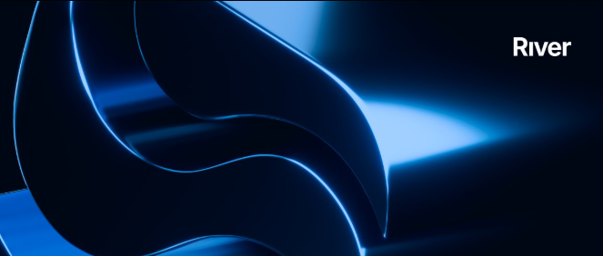 A sleek dark blue abstract wallpaper featuring flowing curved shapes with the word 'River' displayed in white text in the upper right corner.