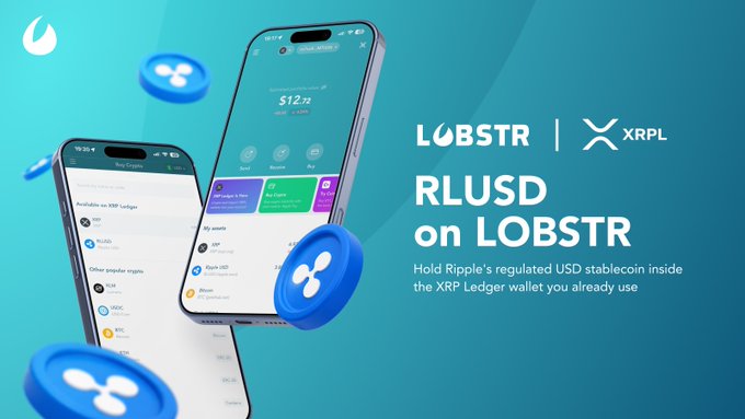 The image features two cell phones with blue coins floating around them, creating a visually appealing scene. The background of the image is blue, which complements the color of the coins. The text "RLUSD" can be seen at the bottom left corner of the image and "hold RLP" on the right side. This suggests that the coins are related to Ripple, a digital currency platform. The phones are positioned in such a way that they appear to be floating above the coins, emphasizing their connection with Ripple.