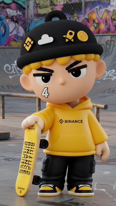 A 3D-rendered character wearing a yellow 'BINANCE' hoodie and a black hat with cryptocurrency pins holds a yellow Binance skateboard against a graffiti-covered wall.