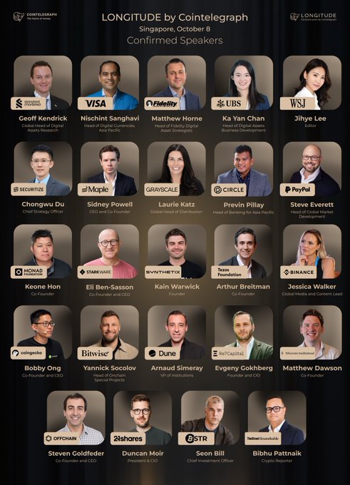 Promotional graphic for "LONGITUDE by Cointelegraph" Singapore event on October 8, displaying headshots of 24 confirmed speakers with their names, titles, and company affiliations including Geoff Kendrick (Standard Chartered), Nischint Sanghavi (Visa), Ka Yan Chan (UBS), Jihye Lee (WSJ), Steve Everett (PayPal), and others from firms like Securitize, Maple, Grayscale, Circle, Stripe, Synthetix, Tezos Foundation, Binance, Coinbase, Bitwise, Dune, SkyCapital, and Bitcoin Safe.