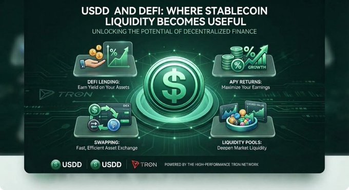 The image is a promotional graphic titled "USDD AND DEFI: WHERE STABLECOIN LIQUIDITY BECOMES USFUL" with the subtitle "UNLOCKING THE POTENTIAL OF DECENTRALIZED FINANCE," featuring a central USDD coin surrounded by four quadrants illustrating DeFi use cases: DeFi Lending ("Earn Yield on Your Assets"), APY Returns ("Maximize Your Earnings"), Swapping ("Fast, Efficient Asset Exchange"), and Liquidity Pools ("Deepen Market Liquidity"), all powered by the Tron network as shown by the USDD, USDD, and Tron logos at the bottom.