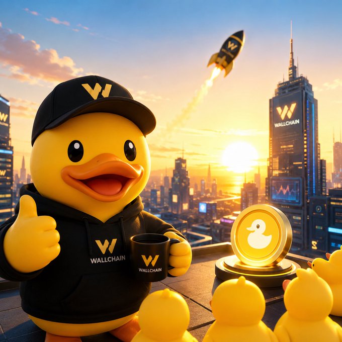 The image features a cartoon duck wearing a black hoodie with "Wallchain" written across its chest, standing next to a gold coin. The duck appears to be giving a thumbs-up gesture while holding a coffee cup. Surrounding the duck are several other ducks in various positions and colors, creating an engaging scene that complements the post about the Wallchain cryptocurrency.