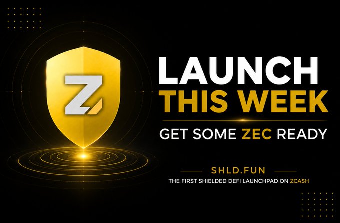A gold shield logo with the letter "Z" accompanies the text "LAUNCH THIS WEEK — GET SOME ZEC READY," promoting SHLD.FUN, billed as the first shielded DeFi launchpad on Zcash. The shield imagery visually reinforces the post's emphasis on shielded transactions and the launch of a new privacy-focused DeFi platform on the Zcash network.