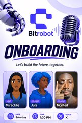 Promotional graphic for 'Bitrobot ONBOARDING' event featuring three illustrated character portraits labeled 'Miracelle', 'Jui', and 'Memed', with the tagline 'Let's build the future, together.'