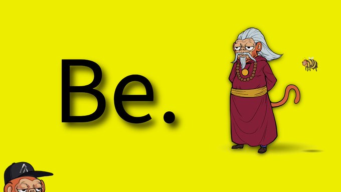 A yellow background graphic featuring the word 'Be.' in large black text, with a cartoon character in red robes and a small bull figure on the right side.
