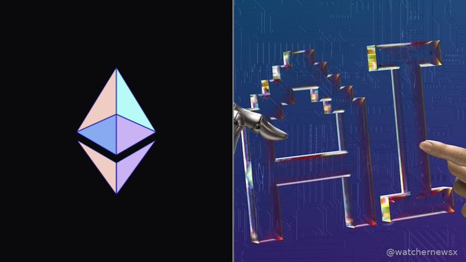 Split graphic with the Ethereum logo on a black background on the left and Chinese characters reading '每日' (Daily) with a circuit board pattern on the right, watermarked @watchernews.