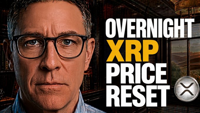 A close-up YouTube thumbnail featuring a serious man with glasses on the left, alongside bold text reading "OVERNIGHT XRP PRICE RESET" with the XRP logo, promoting a video about an overnight XRP price surge and government confiscation.