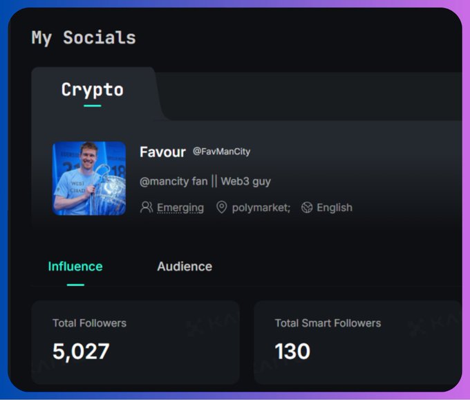 A social media analytics dashboard showing Favour (@FavManCity) with bio "@mancity fan || Web3 guy," located in Emerging, with 5,027 Total Followers and 130 Total Smart Followers.
