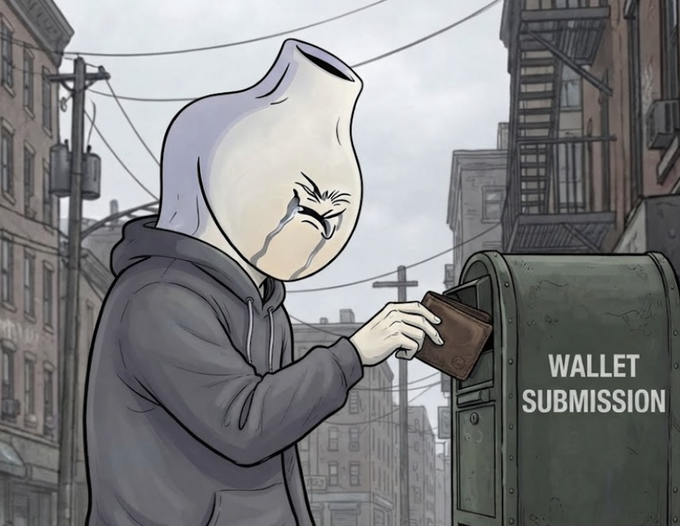 A crying figure with a vase-like head inserts a wallet into a mailbox labeled "WALLET SUBMISSION" in an urban alleyway, illustrating the post's call for users to register their wallets on Discord ahead of next week's mint. The image conveys the urgency (and perhaps desperation) of ensuring wallet submission before the deadline for mint eligibility, testnet access, and DAO raffles.