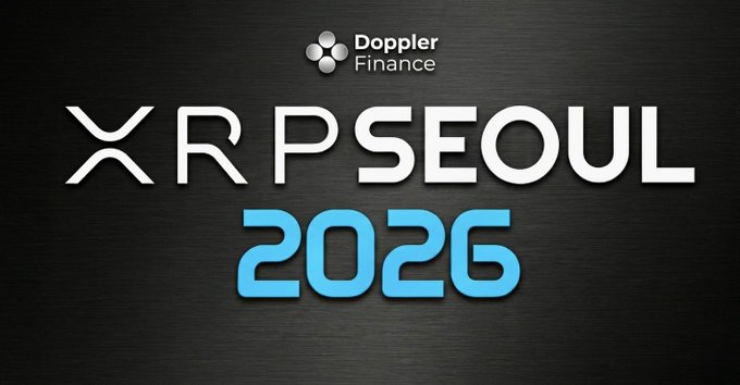 A dark promotional graphic for "XRP SEOUL 2026" presented by Doppler Finance, featuring the event's bold white and blue logo against a textured black background, aligning with the announcement of Doppler Finance's platinum sponsorship for the upcoming XRP-focused conference.