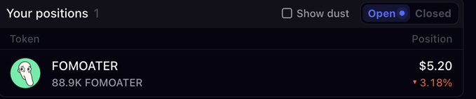 A trading interface screenshot showing a position in the FOMOATER token with 88.9K shares at a value of $5.20, down 3.18%.