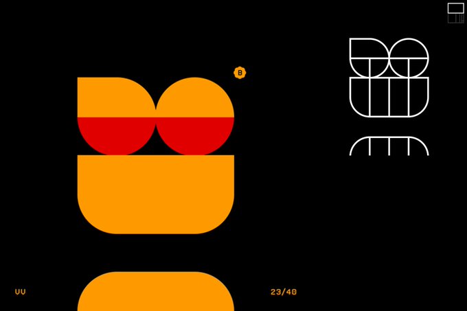 A dark graphic design features a geometric orange and red "B" logo on the left alongside a white outlined construction guide on the right, with text at the bottom showing "uu" and "23/40" against a black background. The layout resembles a node expansion interface, complementing the post's mention of expanding Node @BubbleBullQ with Chancellor on Brink Set 021, Edition 40, showing ownership of 2 Opepen with an uptime of 77 days and 11 hours.