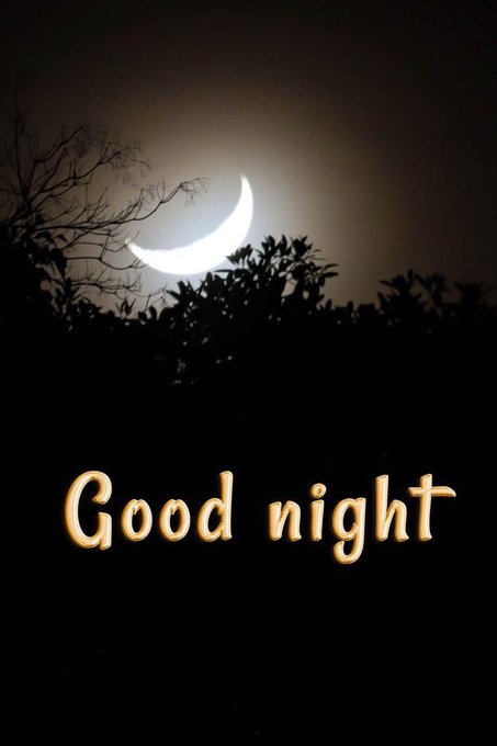 A crescent moon glowing in a dark night sky above silhouetted tree branches, with the text 'Good night' displayed below.