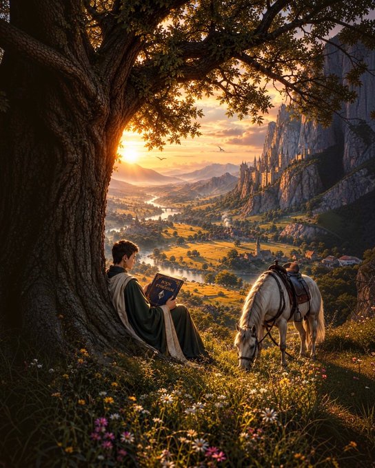 A fantasy scene of a robed figure reading a book under a large tree while a saddled horse grazes nearby, overlooking a sunlit valley with a castle on a distant mountain.