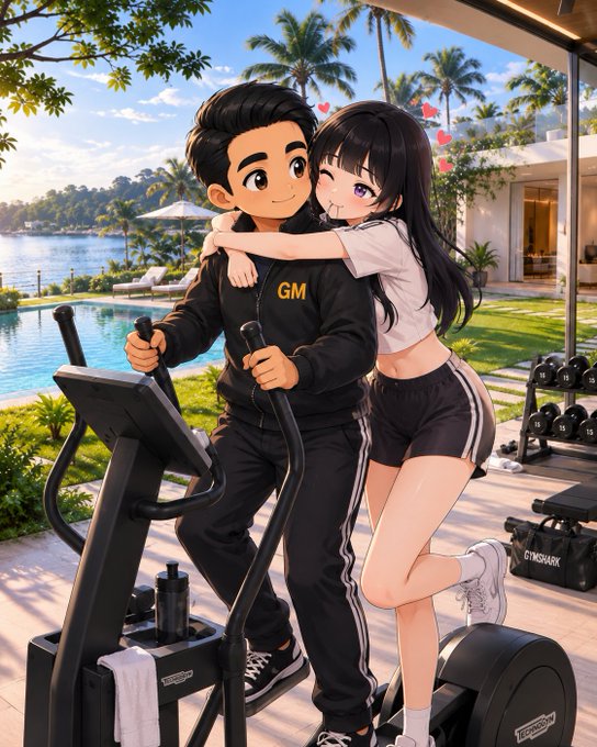 Anime-style image of a couple in workout attire embracing on gym equipment, with the female character hugging the male from behind in a tropical resort setting.