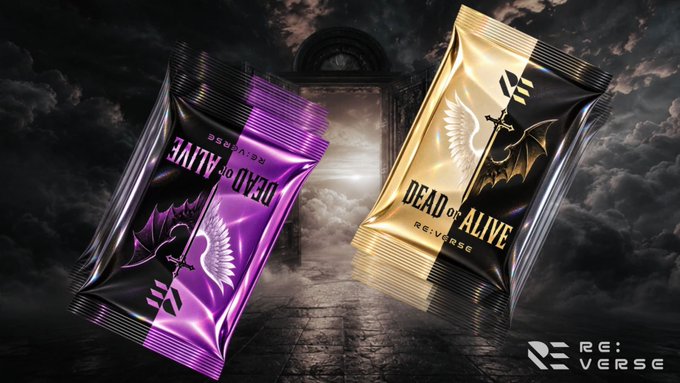 Two "DEAD or ALIVE" trading card packs—one purple and one gold, each featuring a bat-and-angel emblem—are displayed against a dramatic cloudy backdrop with a gothic gate, promoting RE:VERSE's initiative to bring Japanese TCGs to the Monad blockchain.