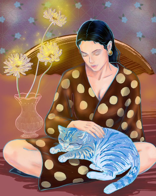 An illustrated scene of a serene woman in a brown polka-dot robe petting a sleeping blue tabby cat on her lap, sitting beside a vase of glowing yellow flowers.