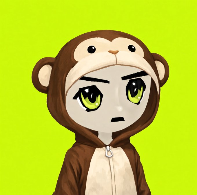 A digital illustration of a chibi-style character wearing a brown monkey onesie with large green eyes against a lime green background.