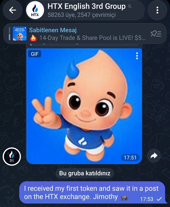 A Telegram chat screenshot of the 'HTX English 3rd Group' showing a GIF of a cartoon baby making a peace sign, with a pinned message about a '14-Day Trade & Share Pool' and a user message stating 'I received my first token and saw it in a post on the HTX exchange.'